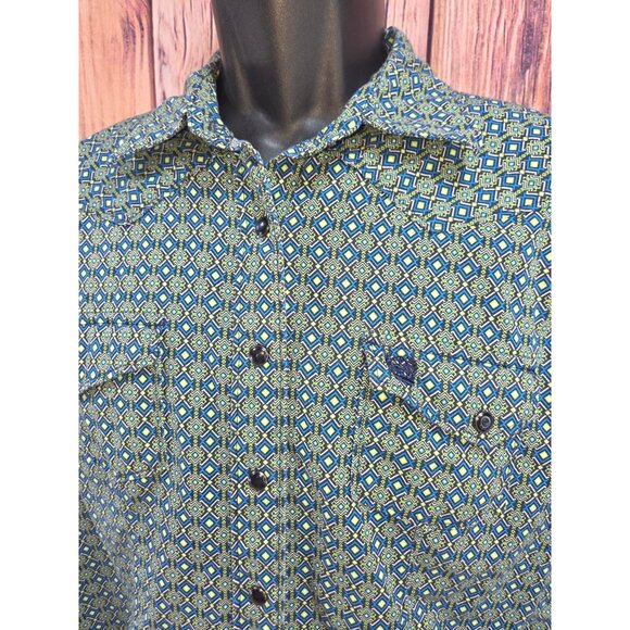 Cinch Womens Long Sleeve Button-Up Shirt Medium Blue/Green Diamond Print - Picture 3 of 7